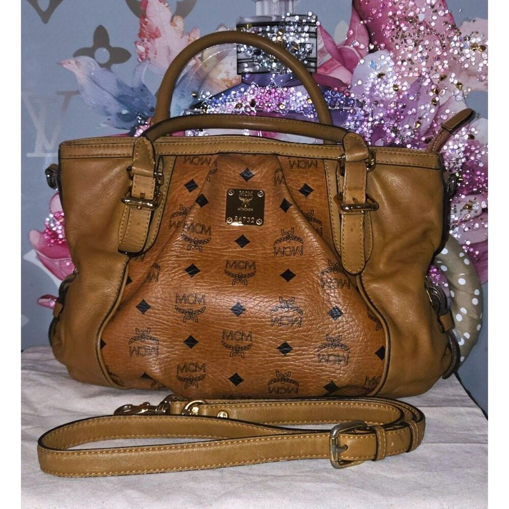 Authentic MCM Cognac Visetos Heritage Pleated Two-Way Satchel Bag (R6732)
